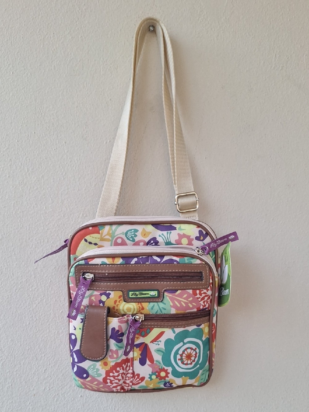 Lily Bloom Multi Pockets Multicolor Floral Crossbody Bag 8" x 9.5" NWT